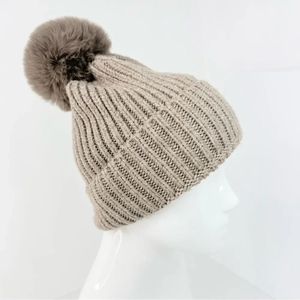 Norla Canada Taupe Alpaca Wool Fluffy Faux Fur Pompom Knit Beanie Hat
